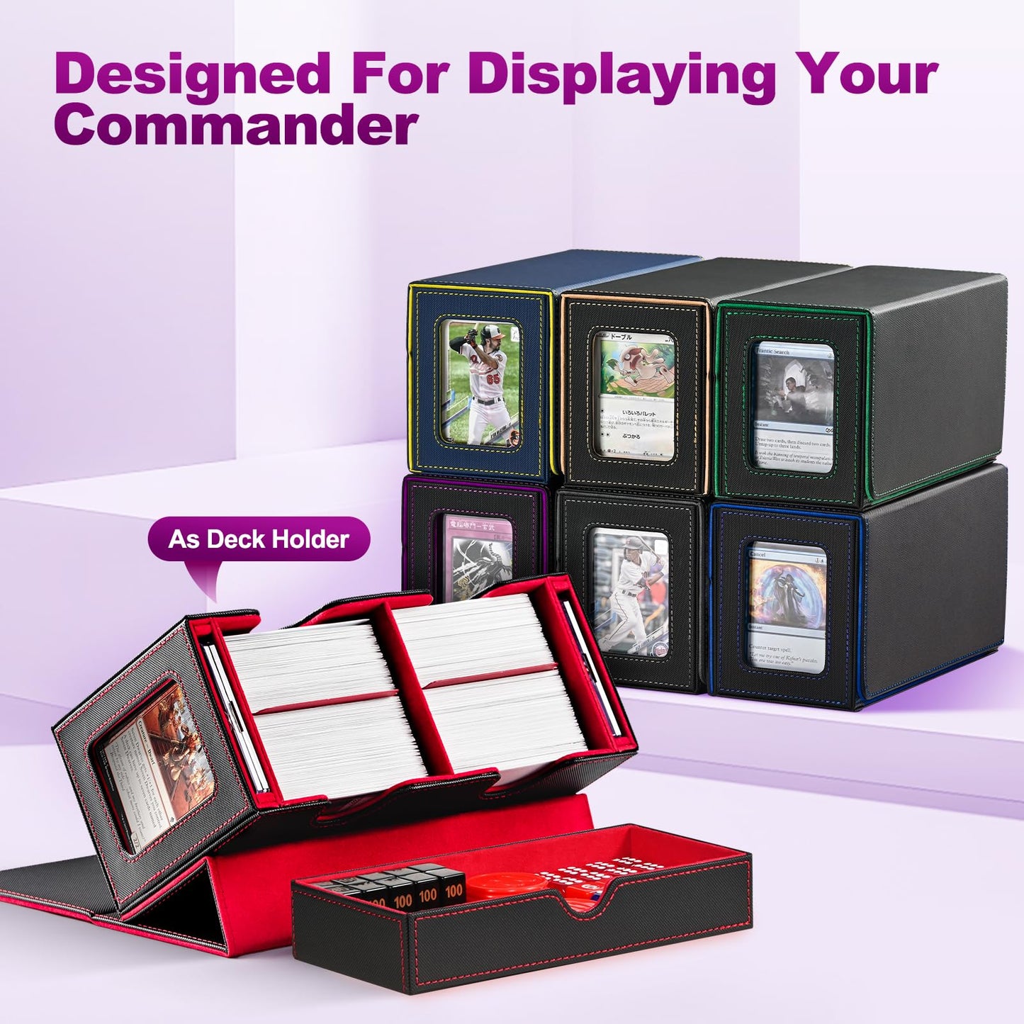 UAONO Card Deck Box for MTG – 200+ Double-Sleeved Capacity, 2 Commander Displays, Dice Tray