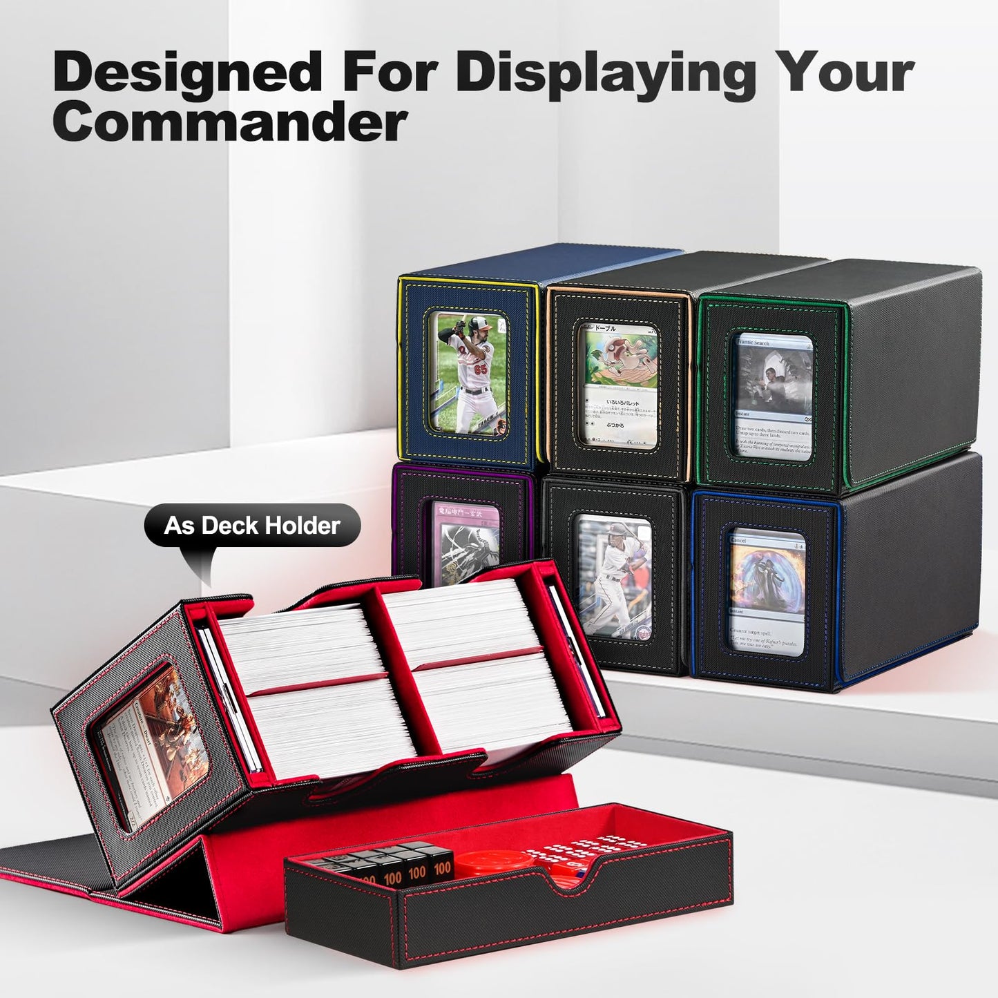 UAONO MTG Card Deck Box – Dual Commander Windows, 400+ Capacity, Magnetic Closure, Dice Tray