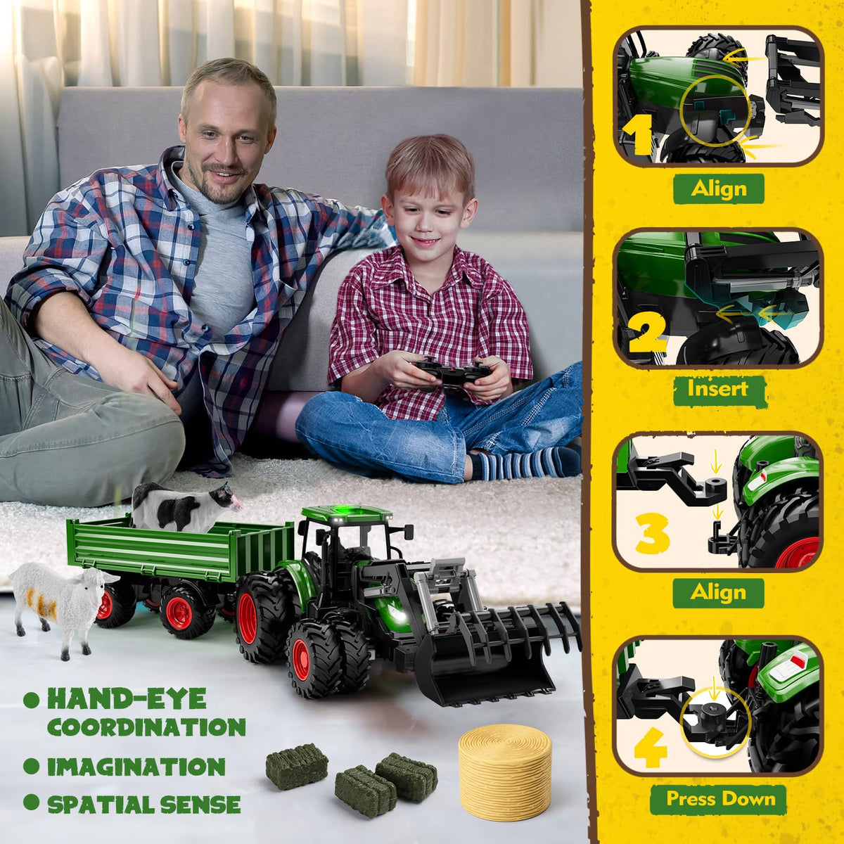Uarzt Remote Control Tractor with Trailer — 8-Wheel Alloy, Front Loader, Lights, 2.4GHz RC Toy for Kids