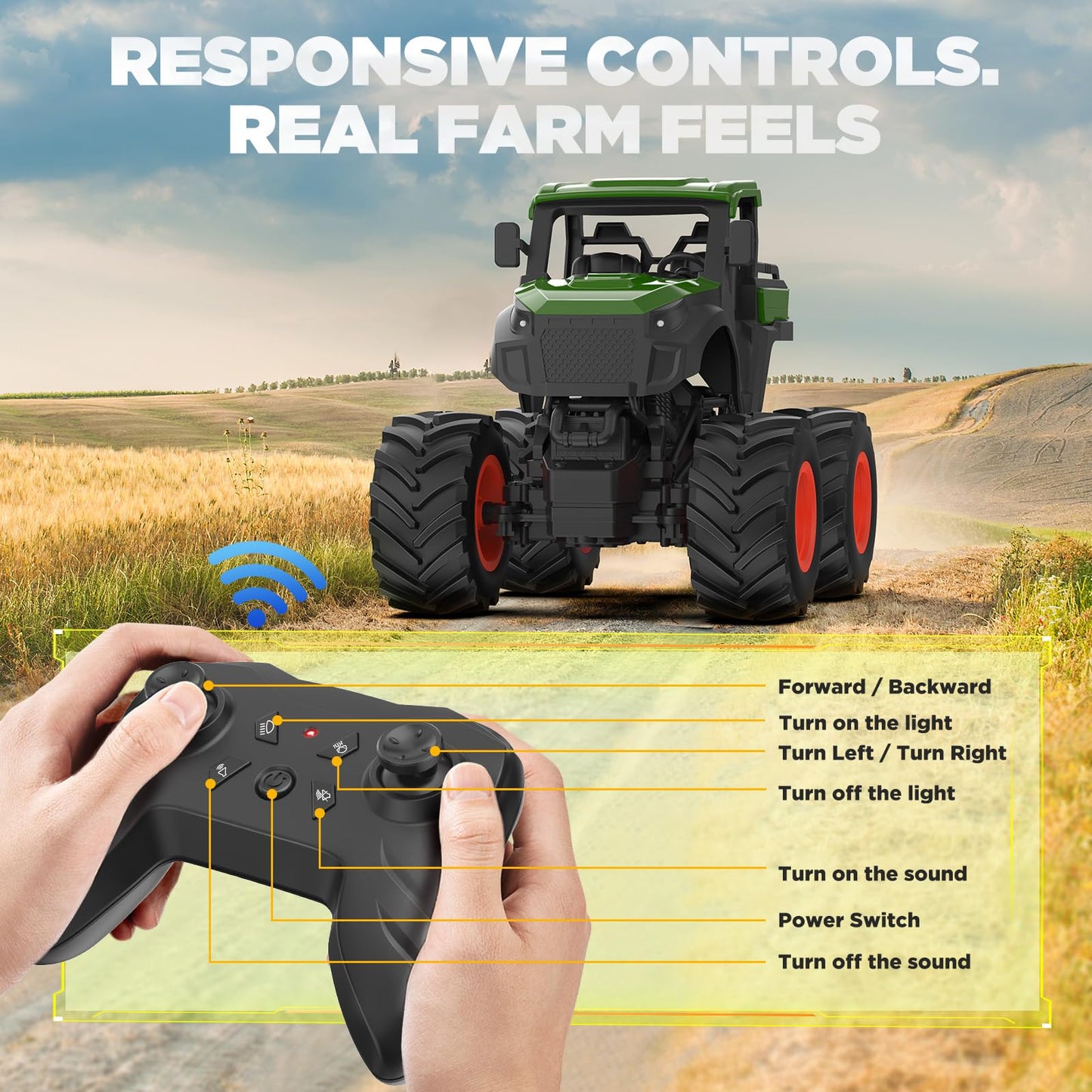 Uarzt 1:16 RC Tractor Toy – LED Lights, Realistic Sounds, 2×800mAh Battery