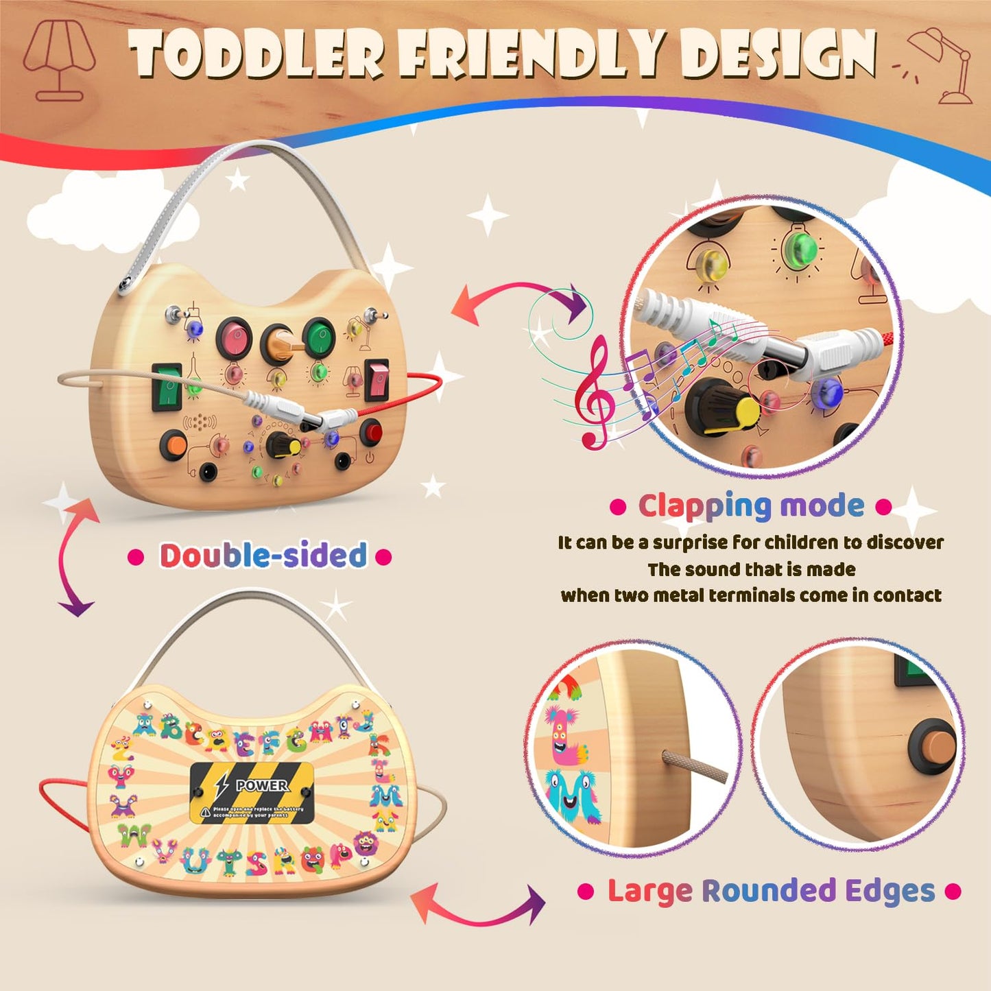 UdoUto Montessori Wooden Busy Board with LED Lights — Portable Travel Toy for 1-3 Year Olds