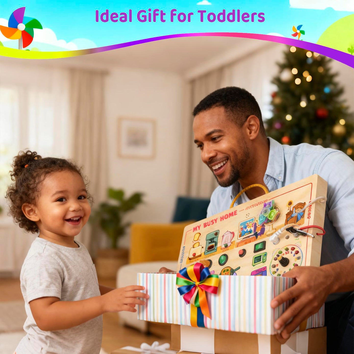 UdoUto My Busy Home Montessori Busy Board – Wooden Sensory Toy for Toddlers 1-3