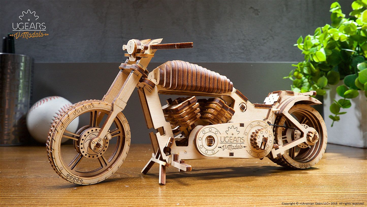 UGEARS Bike DIY Kit VM-02: Wooden Mechanical Motorcycle with Rubber Band Engine