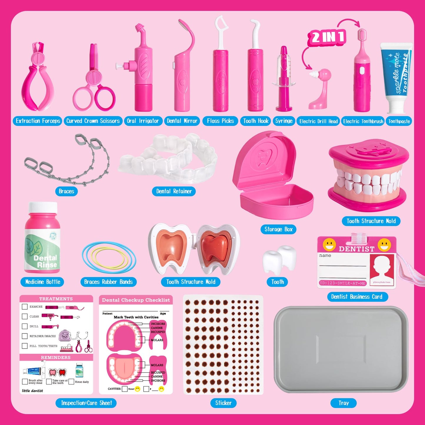 ULOVE ME Kids Dentist Play Set Pink – 22-Piece Dental Kit for Pretend Play