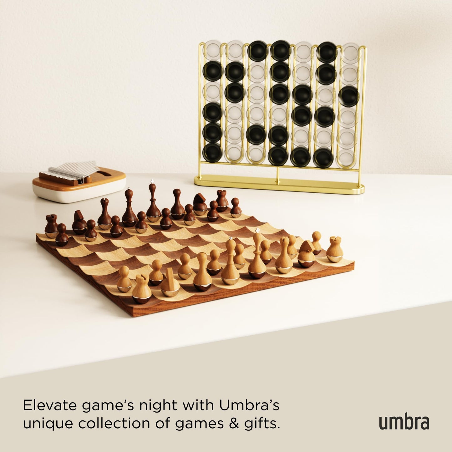 Umbra STAX Four-in-a-Row Game, Brass Finish – Modern Desk Decor & Family Fun