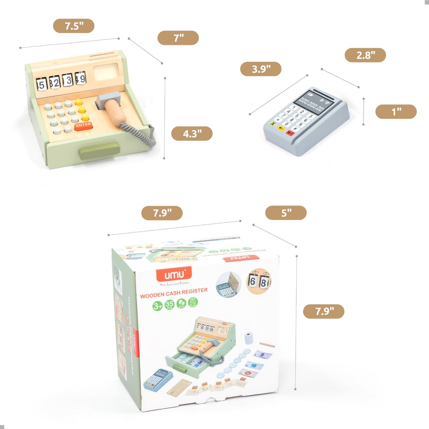 UMU Wooden Cash Register for Kids – 35-Piece Role Play Shop with Scanner, Card Terminal & Play Money