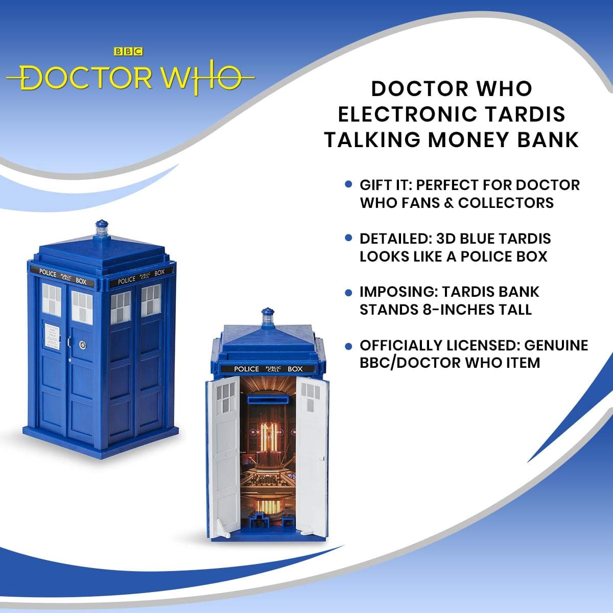 Underground Toys Doctor Who TARDIS Bank — Electronic Talking Money Bank with Lights and Opening Doors