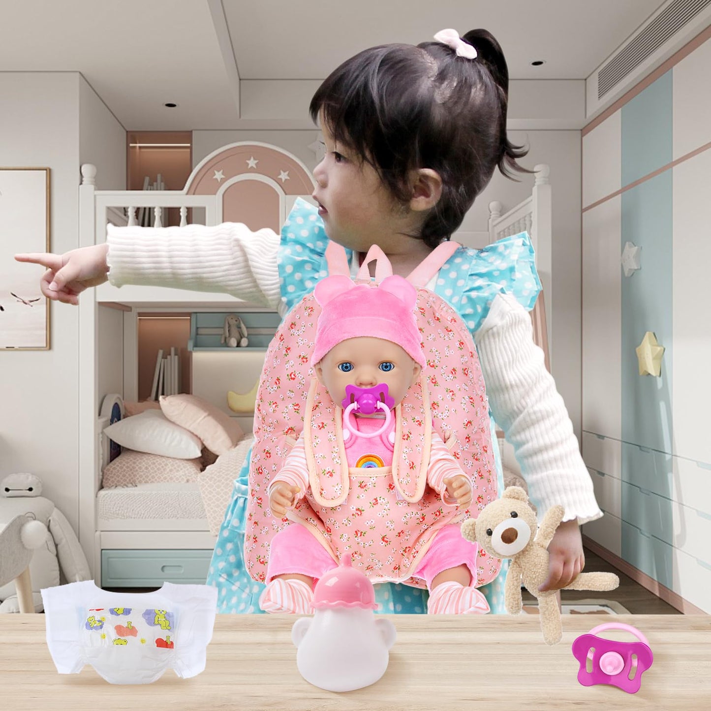 Unicorn Element Baby Doll Clothes with Backpack Carrier — 14-18 Inch Doll Accessories Set