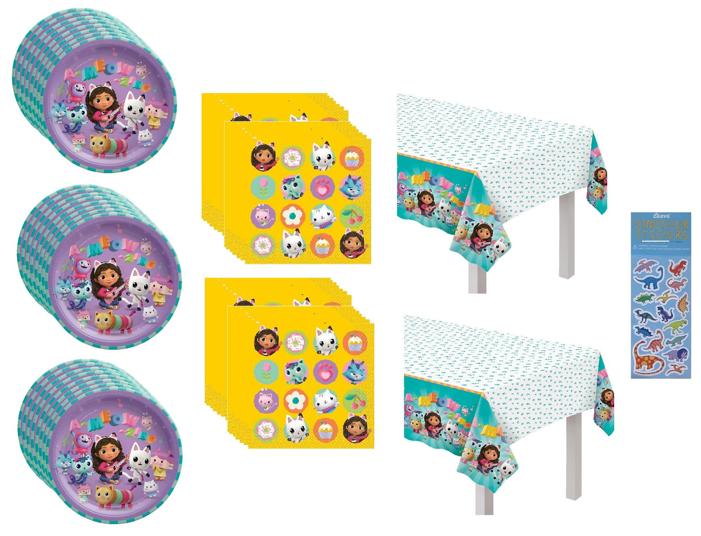 Unique Gabbys Dollhouse Birthday Party Bundle - Plates, Napkins, Table Cover & Sticker Sheet