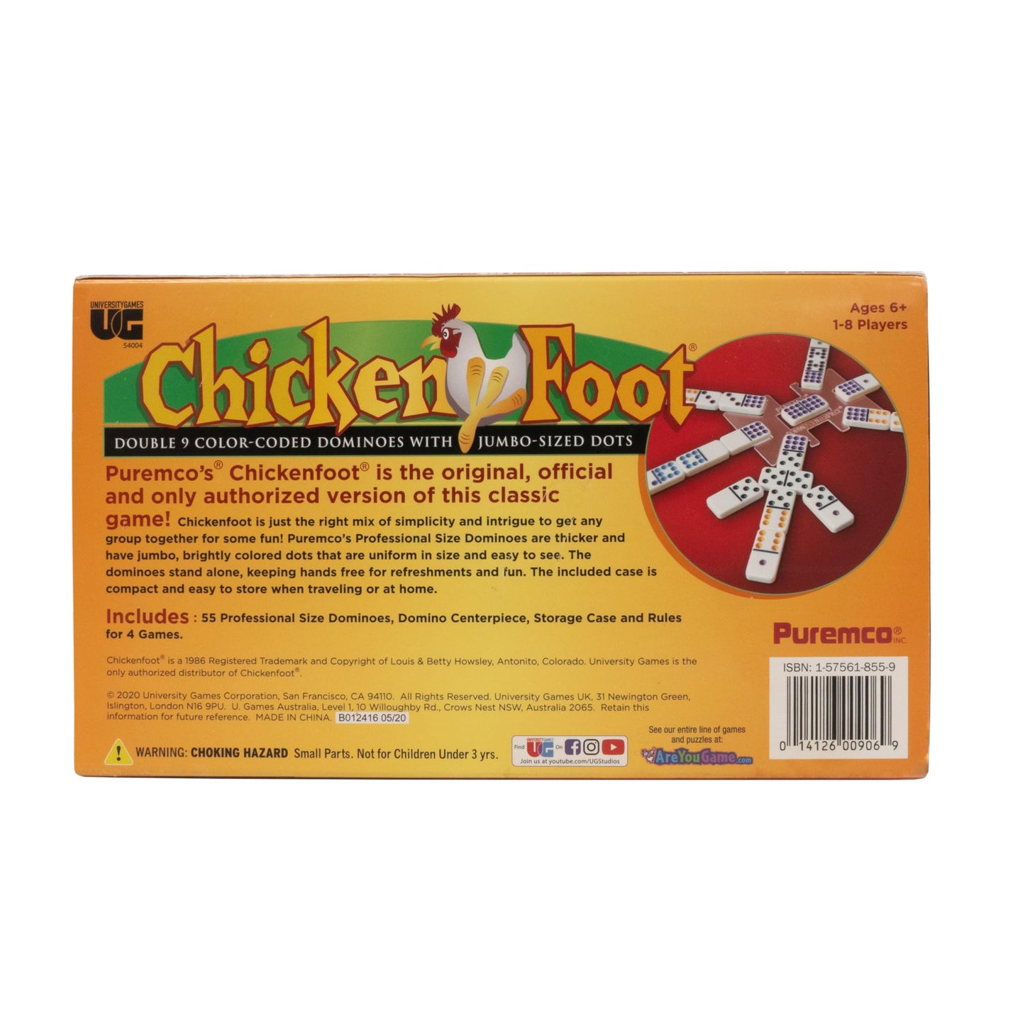 University Games Chicken Foot Double 9 Color Dot Dominoes – Professional Size, 1–8 Players