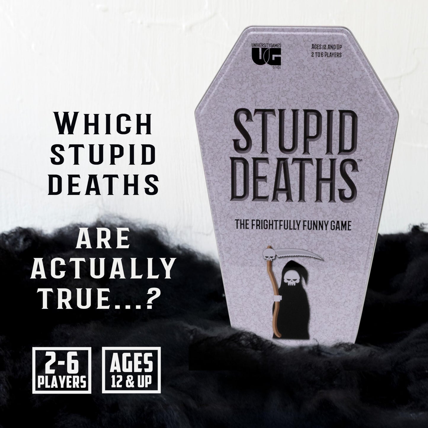 University Games Stupid Deaths Coffin Tin Game – Dark Fun Family Trivia for 2-6 Players