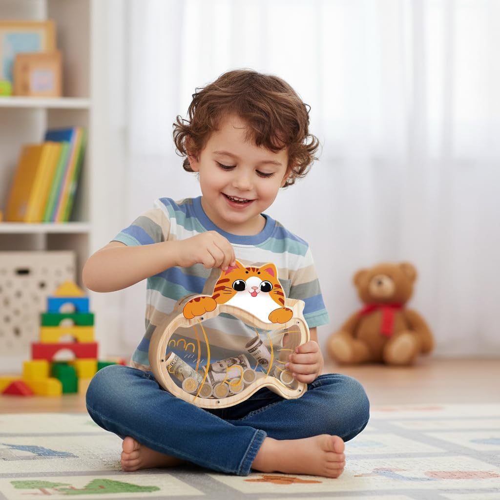 Uniwooder Wooden Cat Piggy Bank for Kids — Durable Money Box with DIY Stickers