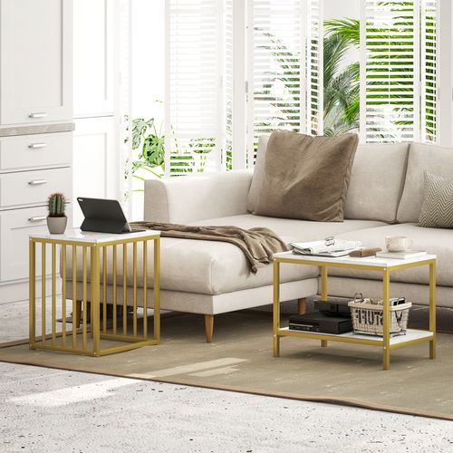 HOMCOM Modern Coffee Table Set of Two w/ Steel Frame Marble-Effect