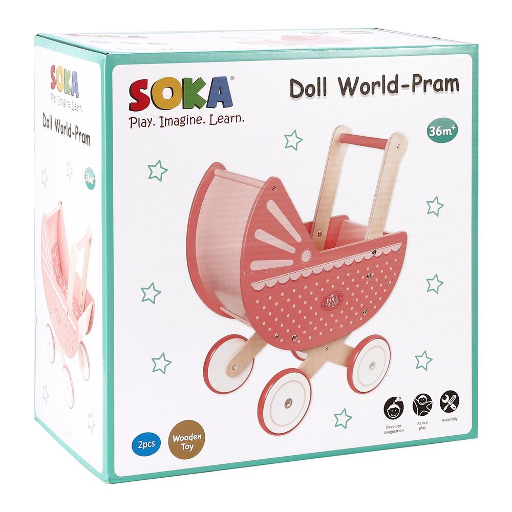 SOKA Doll World-Pram 0000470 - Aesthetic Pink Pram with Lace Trim & Polka Dots - High-End Design - Certified Quality