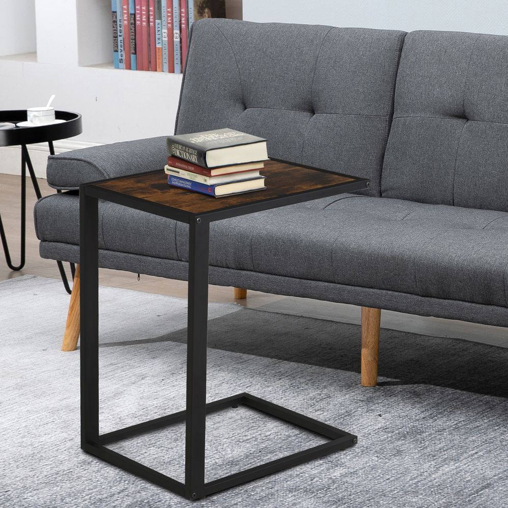 Industrial Steel Frame C-Shaped Side Table in Brown - HOMCOM