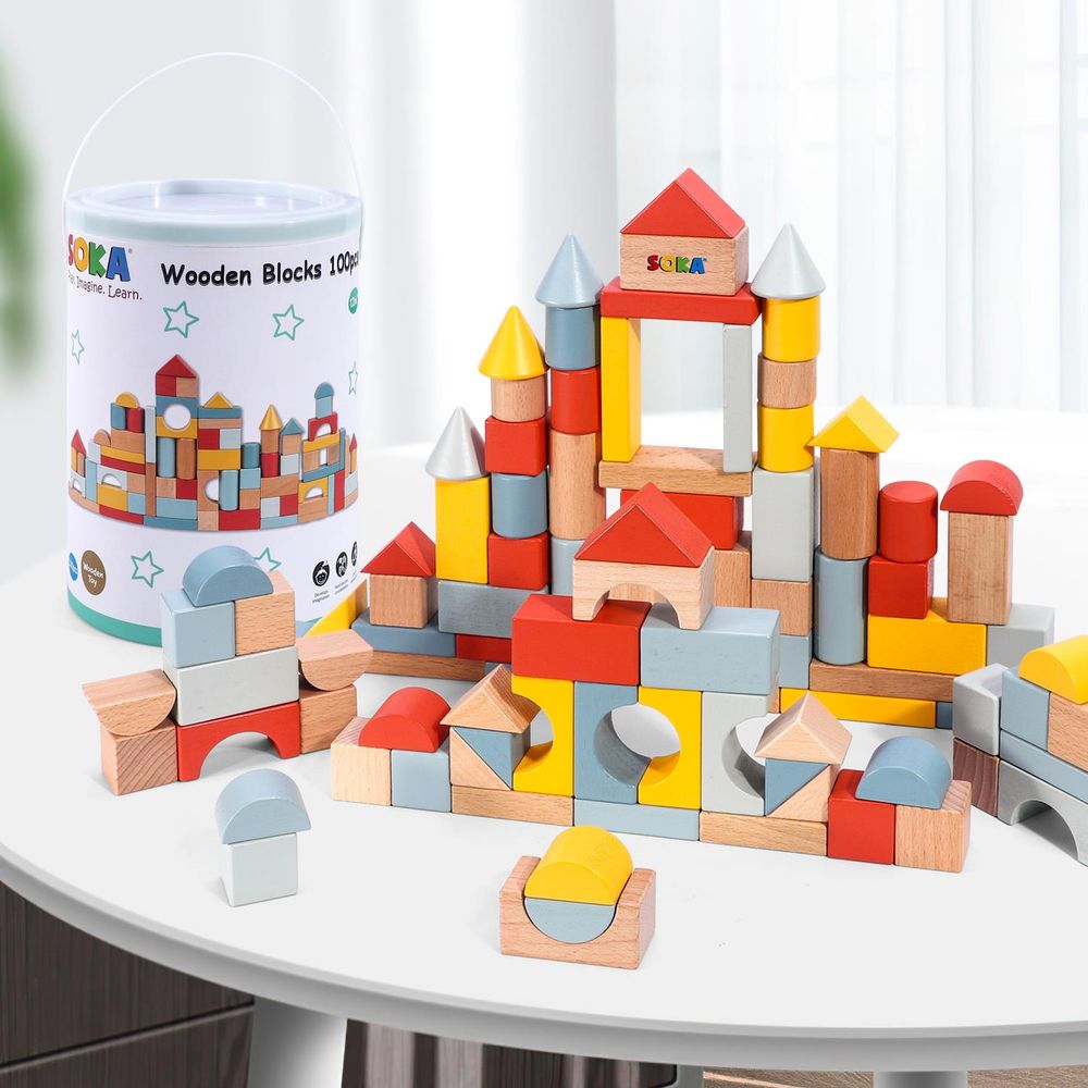 100pcs SOKA Wooden Blocks in New Color: High-Quality Construction Toy for Creative Kids 0000463