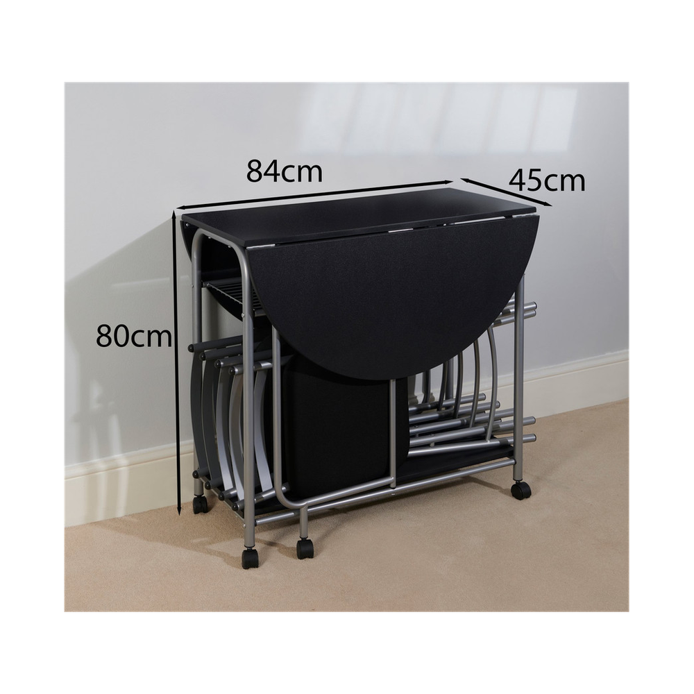 Greenhurst Stowaway Dining Set, Drop Down Table & 4 Folding Chairs, Max Table Size: L115 x D84 x H80cm (Black and Silver)