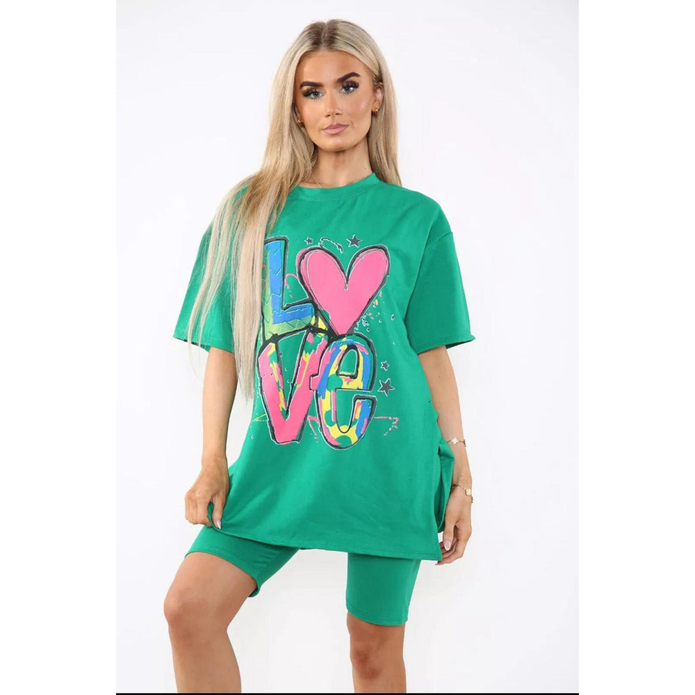 Cycling Short and T-Shirts Co-Ord Two Piece Side Slit Set with Front Printed Slogan