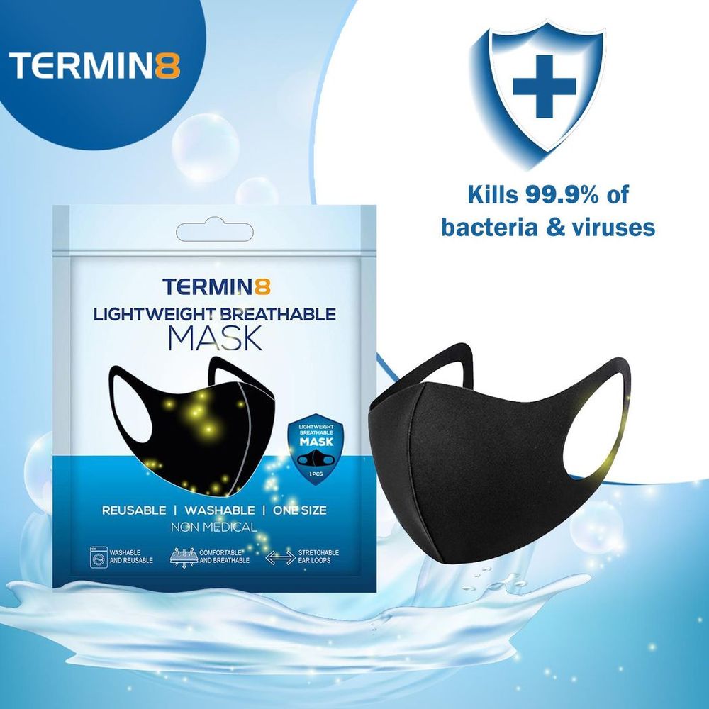 Termin8 Lightweight Breathable Reusable Face Mask for Adults, Machine Washable (Black)