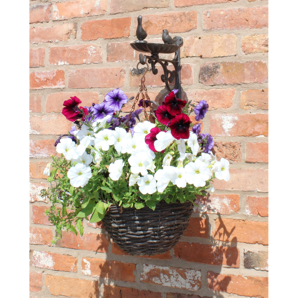 Hanging Basket Wall Bracket w/ Bird Feeder: Cast Iron, 29x23x14cm