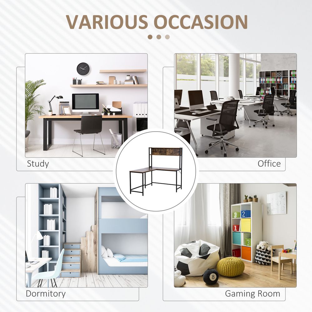 Industrial L-Shaped Desk w Shelf - Brown & Black - Best Quality