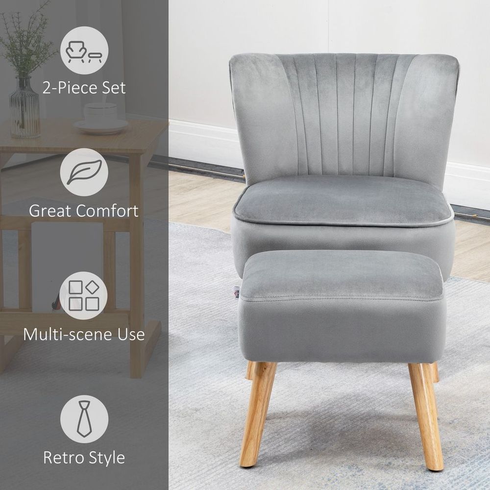 Luxury Velvet Accent Chair w/ Ottoman - Plush Padding, Wood Legs - Light Grey