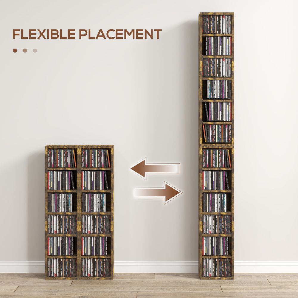 HOMCOM Set of 2 CD Media Display Shelf Unit Tower Rack Adjustable, Rustic Brown
