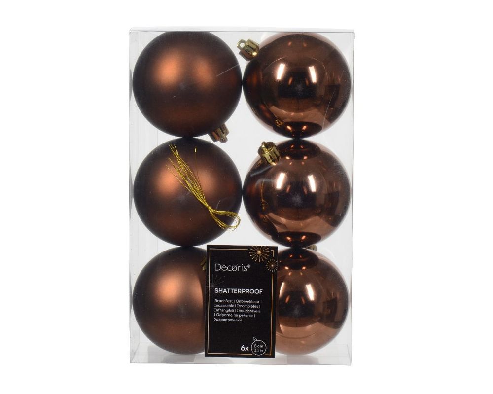 Shatterproof Espresso Brown Bauble 8cm Pack of 6 - Christmas