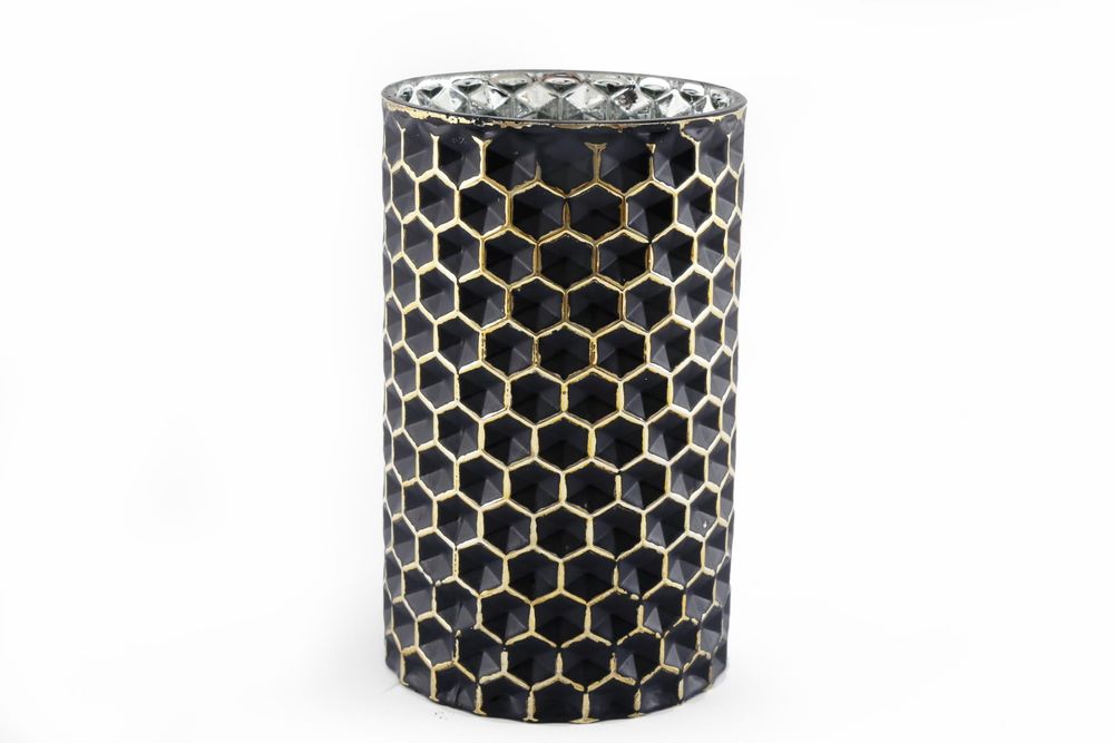 Premium Honeycomb Vase: Elegant, High-Quality Glass in Black with Gold Edged Pattern