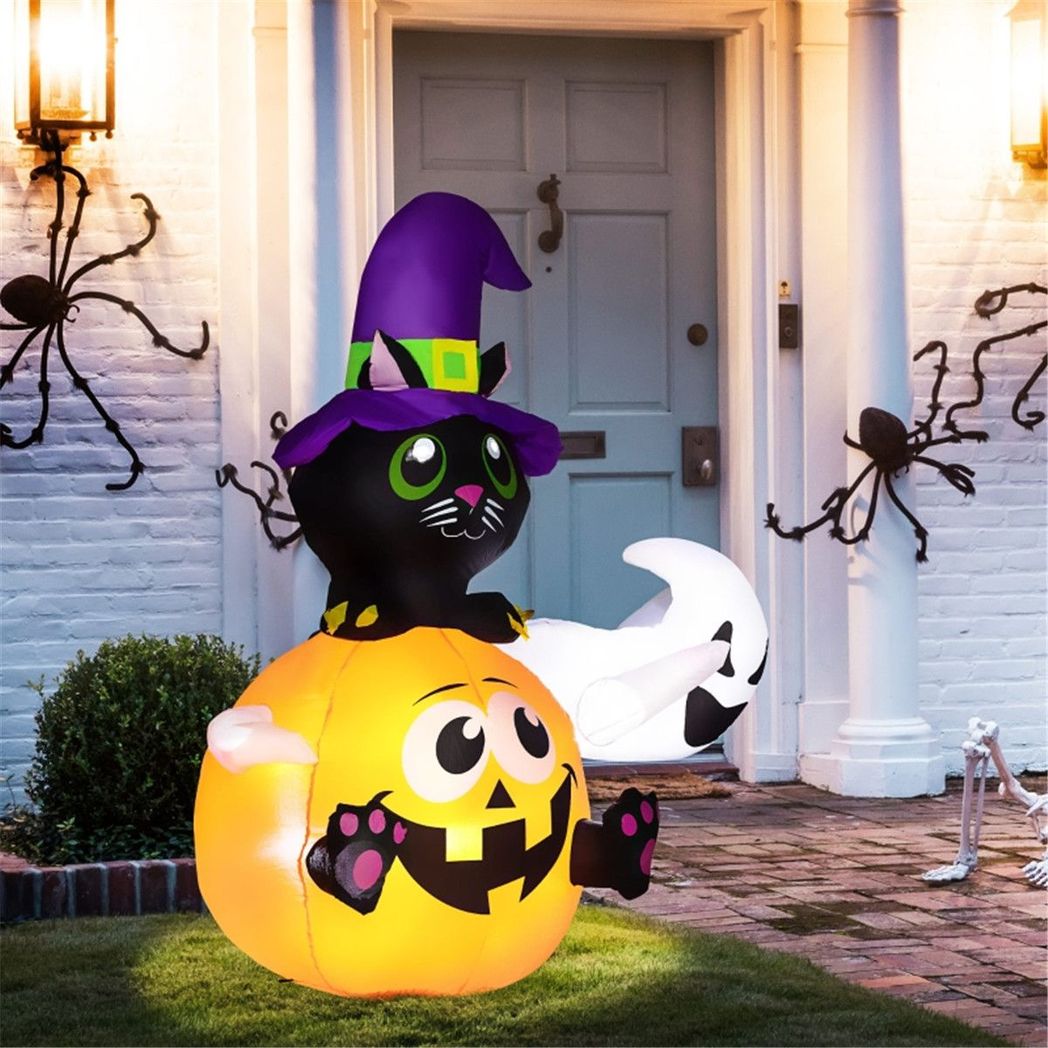 Halloween Decoration | 150cm tall black cat riding a pumpkin with a ghost design