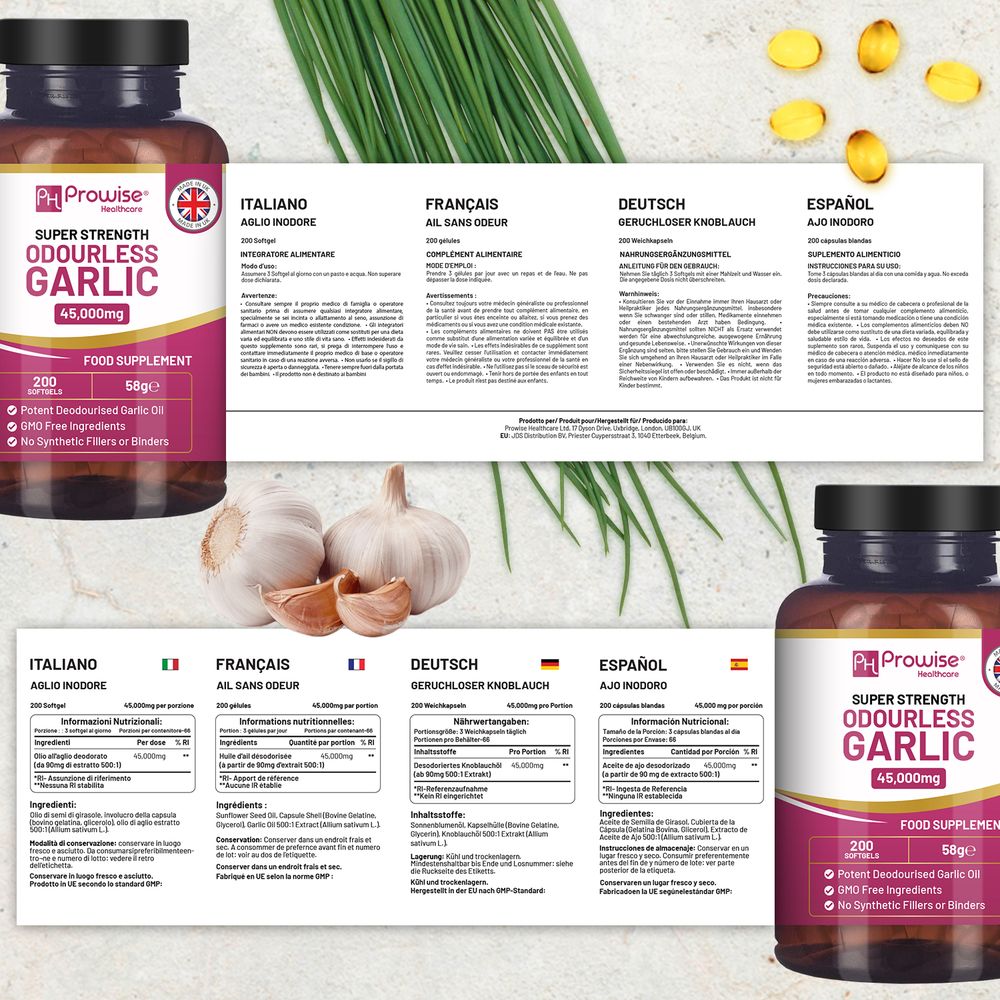 Odourless Garlic Capsules | 45,000mg per softgel | 200 softgels (not Tablets) Super High Strength | Cold Pressed and Deodourised Premium Garlic Oil Extract from Allium Sativum