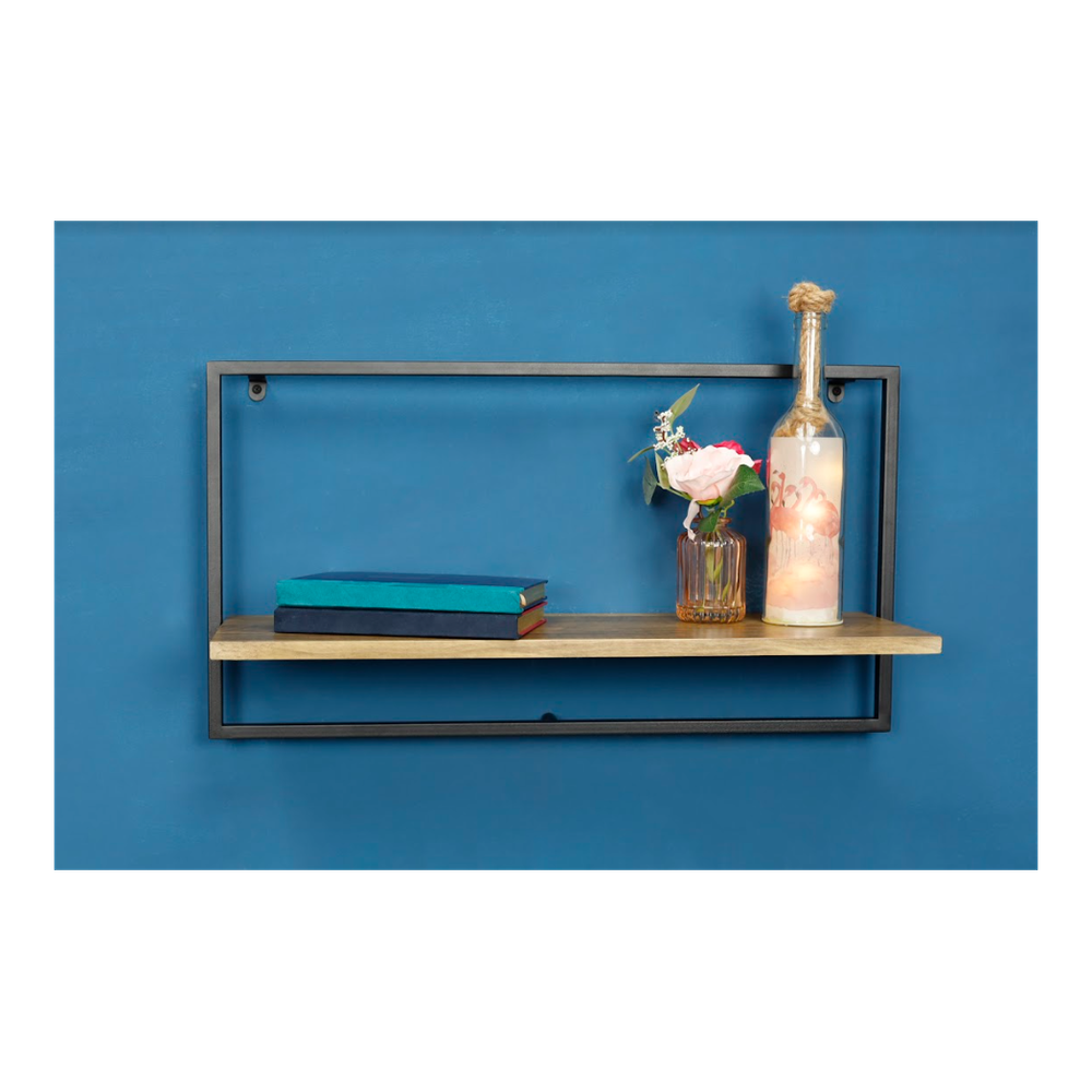 Sturdy Dark Oak Floating Wall Shelf - PARGI: Wide Design, Black Frame