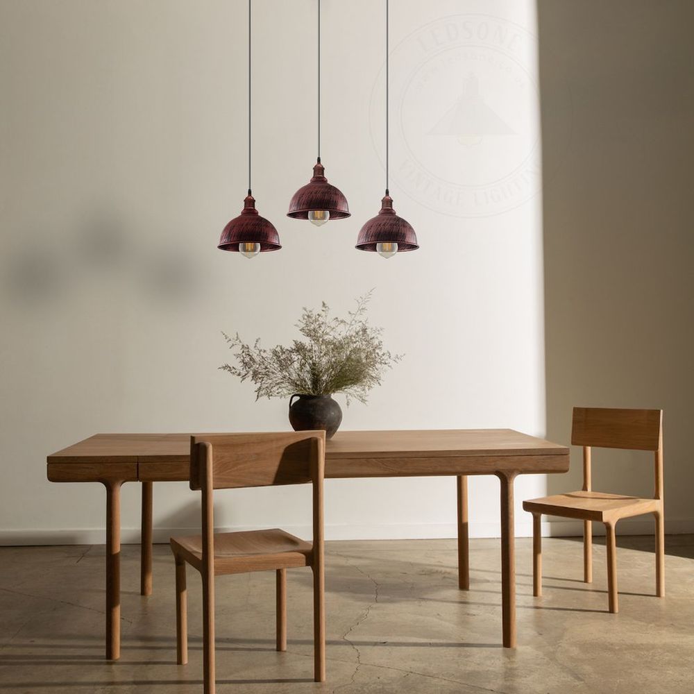 Vintage Industrial Rustic Red Pendant Light - E27 Base, Metal Brushed Fitting, Small Curvy Lamp Shade - High Quality