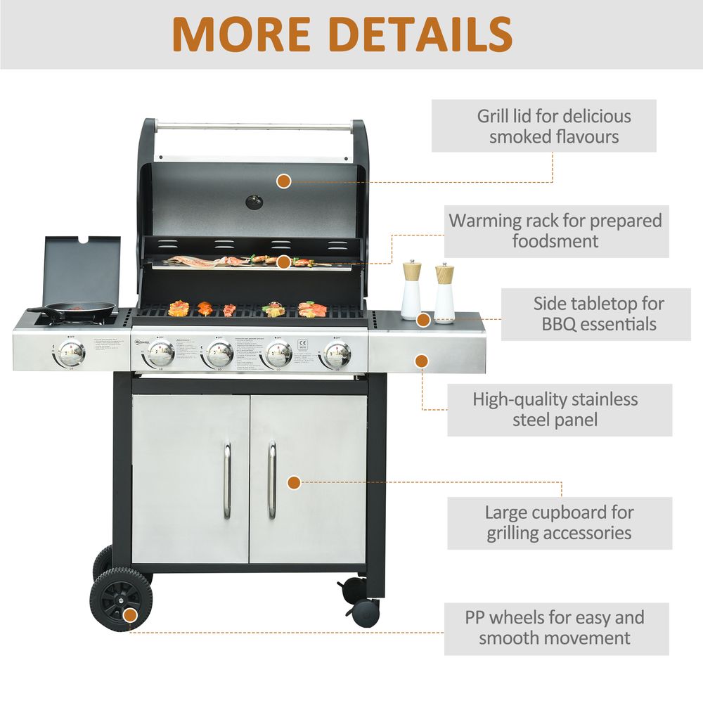 Premium Outdoor Gas BBQ Grill | 4+1 Burner Stainless Steel | 128x50x113cm | High-Quality and Durable