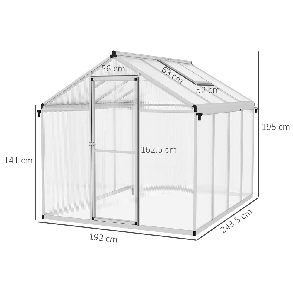 Outsunny 8x6ft Aluminium Greenhouse: Door Window Galvanised Base PC Panel