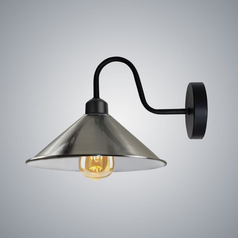 Satin Nickel Wall Light Fixture,Black Wall Sconce E27 Base Socket Screw Type Wall Mounted Swan Neck Cone Shape Shade