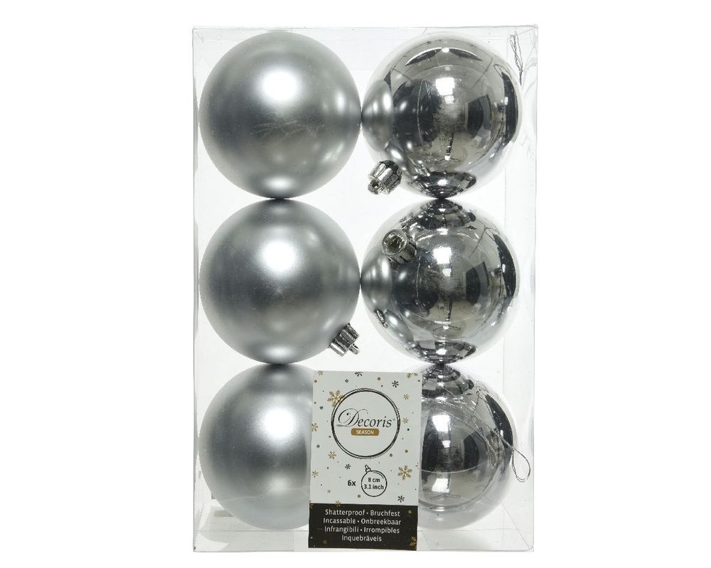 Shatterproof Silver Bauble 8cm Pack of 6 - Christmas