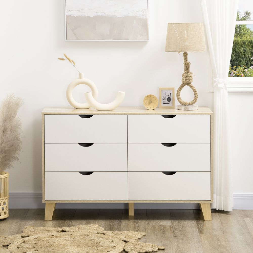 6 Drawer Storage Chest, Bedroom Dresser for Clothes, White & Brown, Anti-Tip Straps