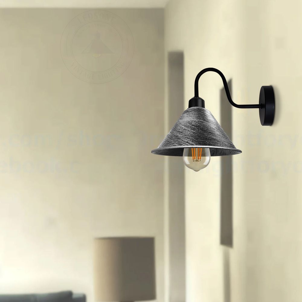 Vintage Silver Wall Sconce - Cone Shape Shade, Swan Neck Arm, Dimmable, E27 Base - Perfect for Indoor Lighting