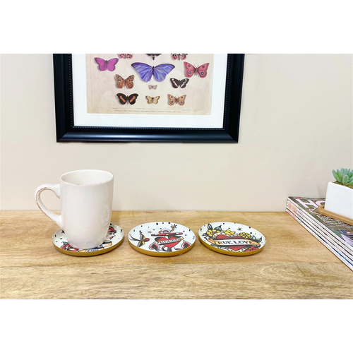 Set of Three Metal Retro Tattoo Design Coasters