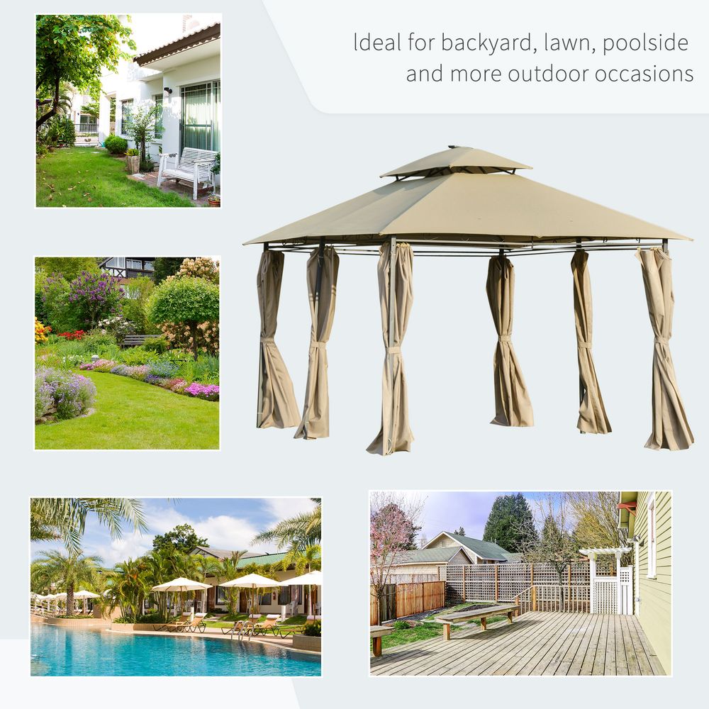 Outdoor Tent Garden Pavilion 4x3m | LED Solar Light | Steel Frame | Khaki