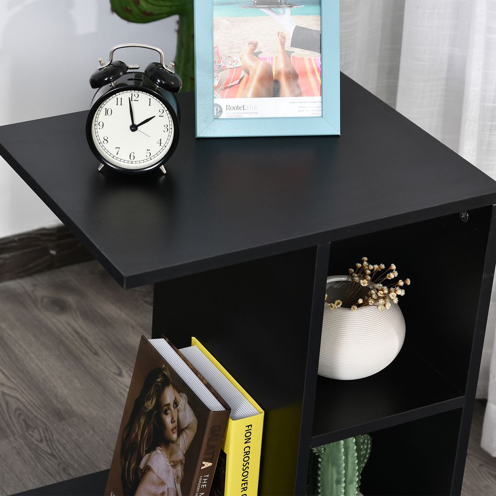 HOMCOM C-Shape End Table Unique Storage Unit w/ 2 Shelves 4 Wheels Freestanding Home Office Furniture Cabinet Square Studio Black