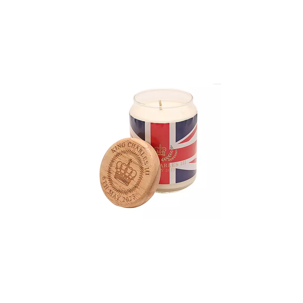 King Charles III Candle with Wood Lid 650ml Made In UK - Union Jack