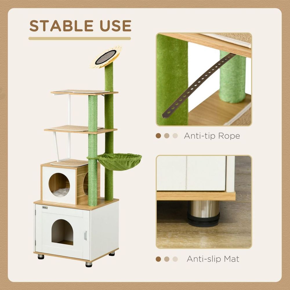 Ultimate PawHut Cat Tree - Litter Box, Scratching Post, Cat House, Hammock - Oak