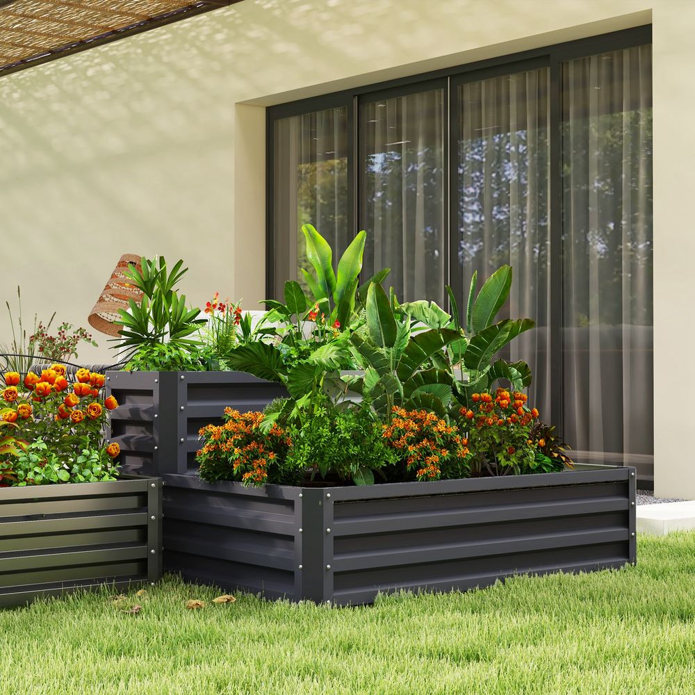 Outsunny Galvanised Raised Garden Bed - 2 Tier, Dark Grey - Open Bottom - High Quality