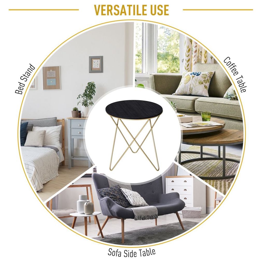 Round Coffee Table Sofa End Side Wood Metal Bedside Table - Black Gold