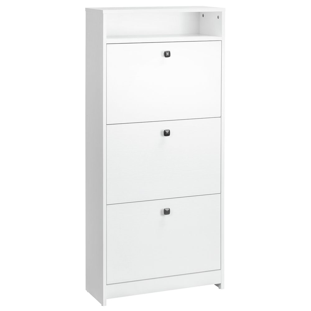 HOMCOM Wooden 3 Pull-down Drawers 18 Pairs Shoe Storage Cabinet Footwear Organiser Rack Hallway Furniture with Open Shelf - White