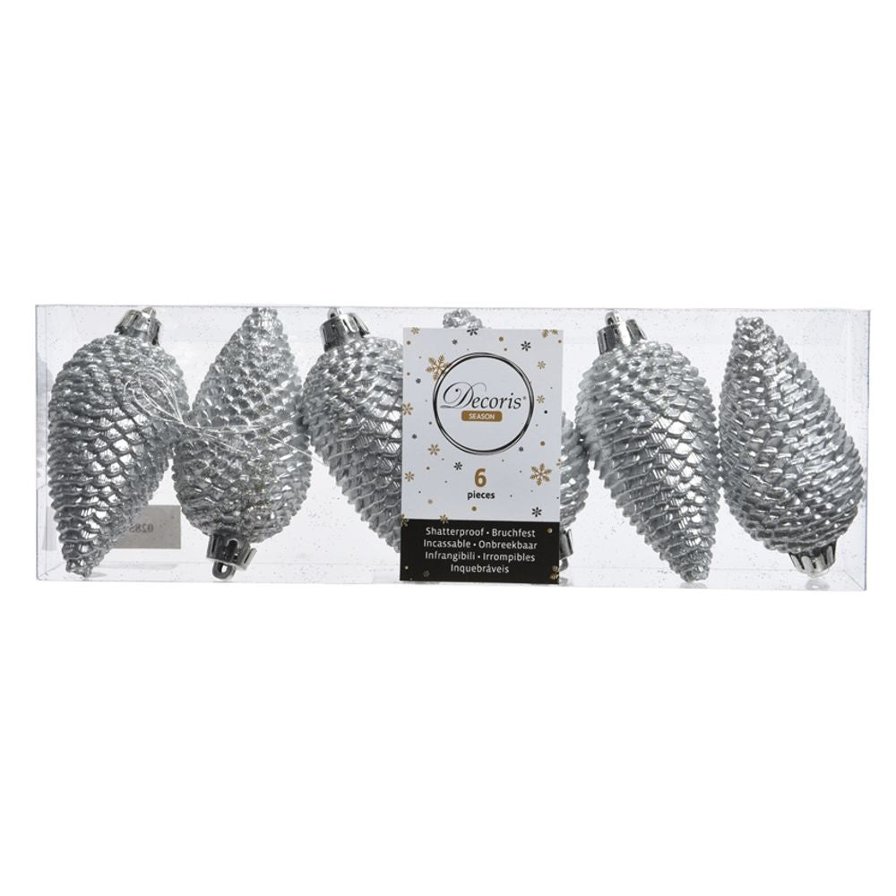 Shatterproof Silver Glitter Pinecone 8cm Pack of 6 - Christmas Tree Decoration