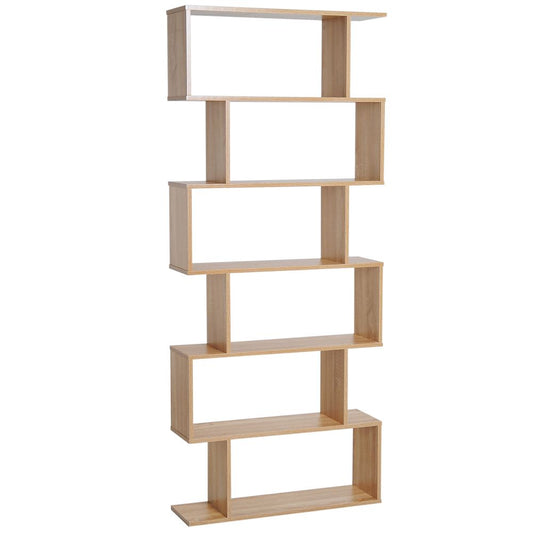 HOMCOM Wooden Wood S Shape Storage Display 6 Shelves Room Divider Unit Chest Bookshelf Bookcase Cupboard Cabinet Home Office Furniture (Oak)