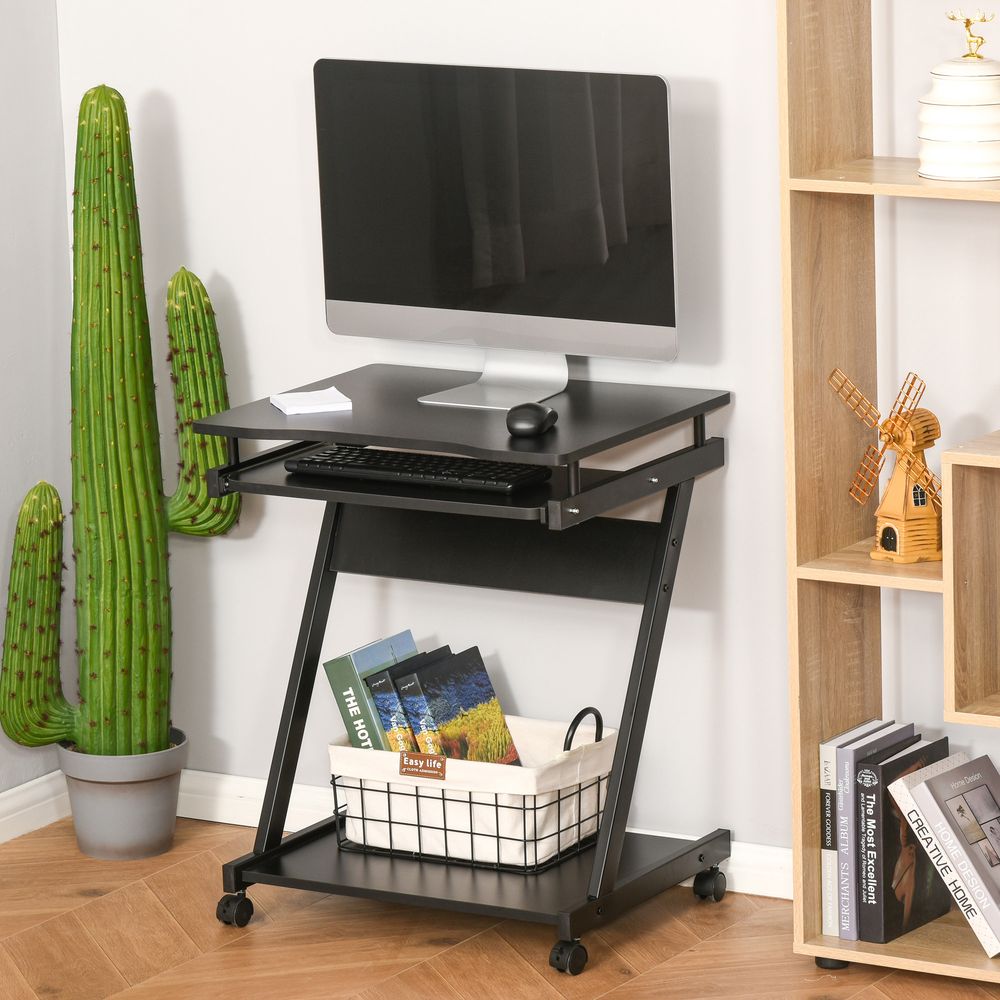 HOMCOM Movable Computer Desk with 4 Moving Wheels Sliding Keyboard Tray Home Office Workstation Black
